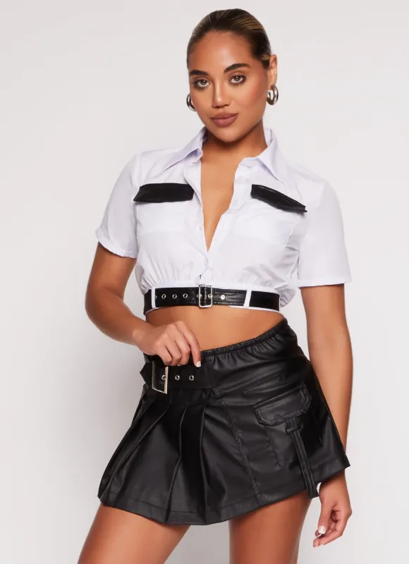 Faux Leather Buckle Trim Cropped Shirt sold by Rainbow