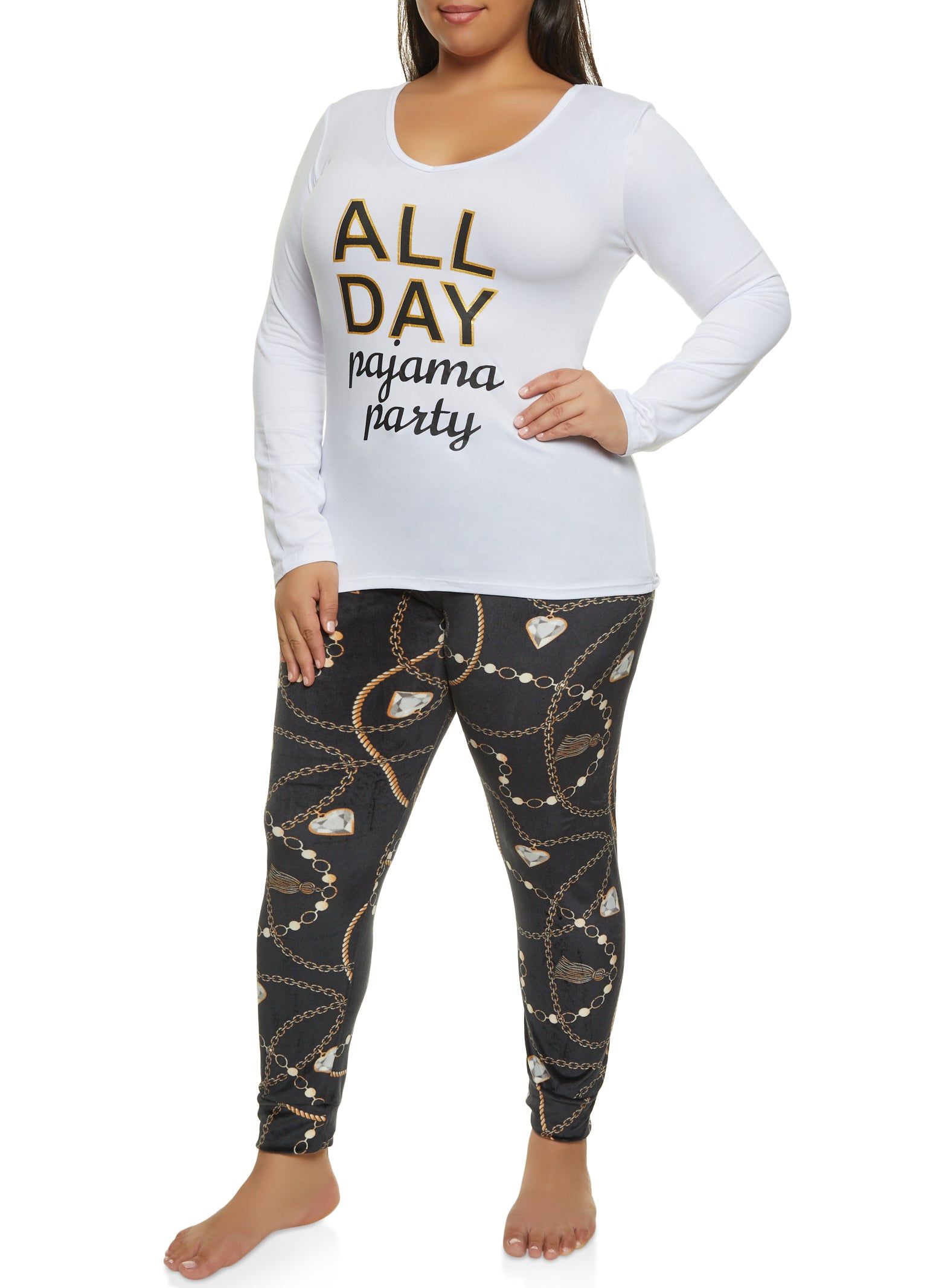 Plus Size All Day Graphic Long Sleeve Pajama Top and Velour Pants sold by Rainbow
