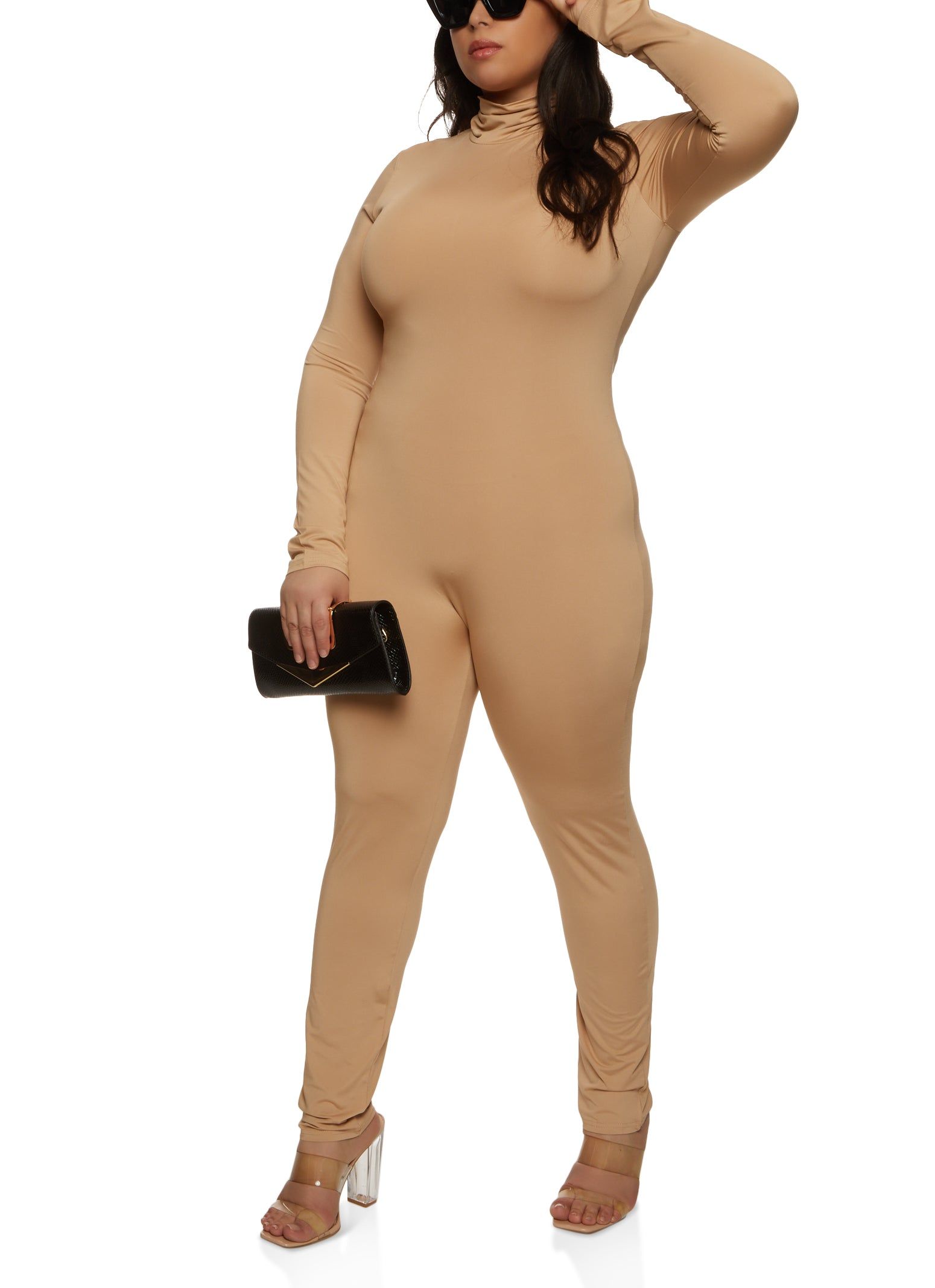 Plus Size Mock Neck Long Sleeve Catsuit sold by Rainbow