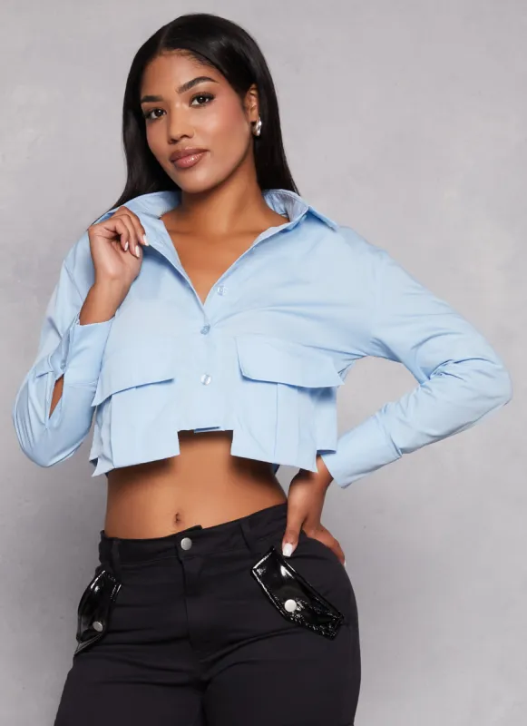 Flap Pocket Long Sleeve Cropped Shirt sold by Rainbow