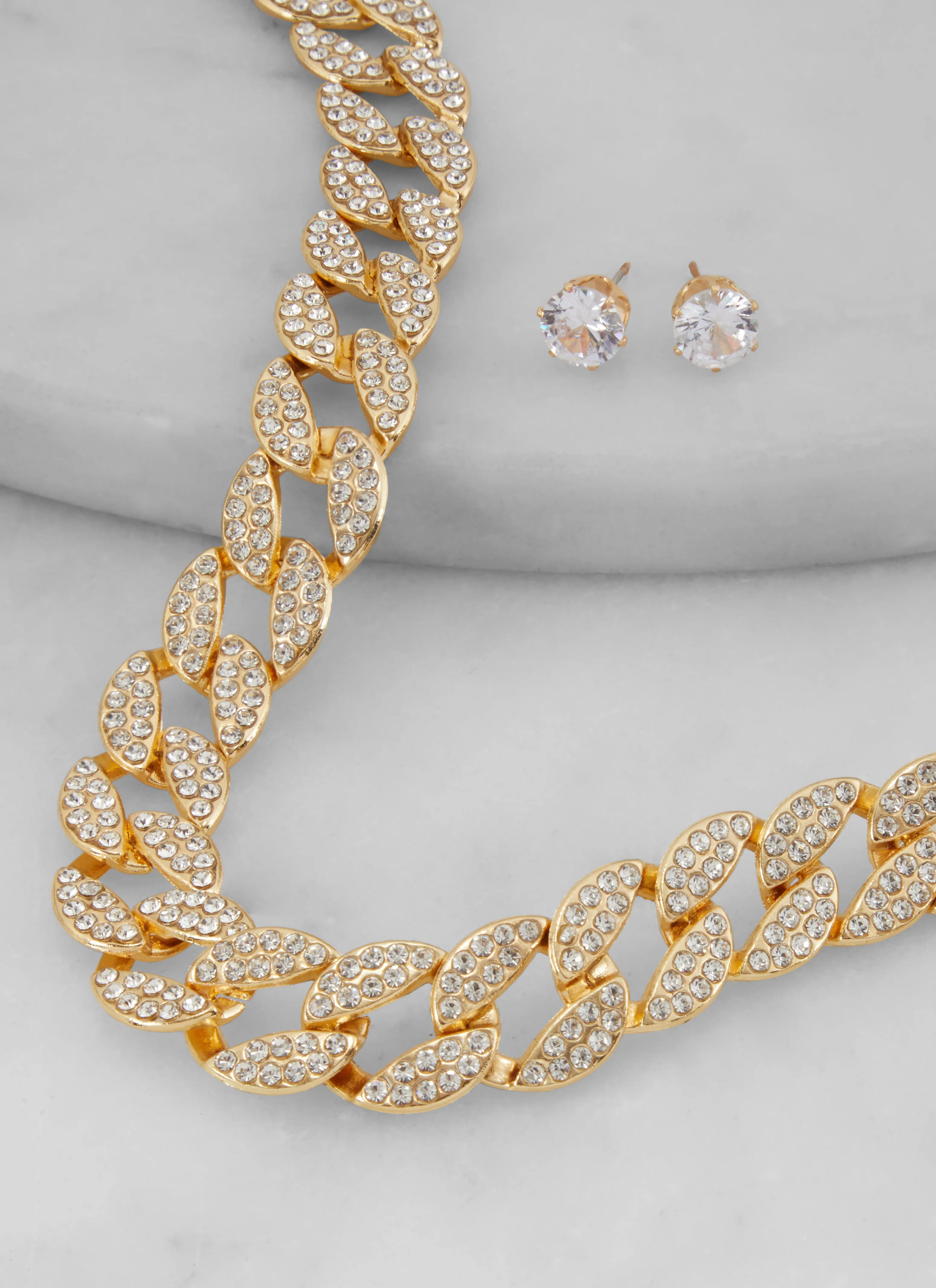 Cubic Zirconia Cuban Link Necklace and Stud Earrings sold by Rainbow product image thumbnail 2