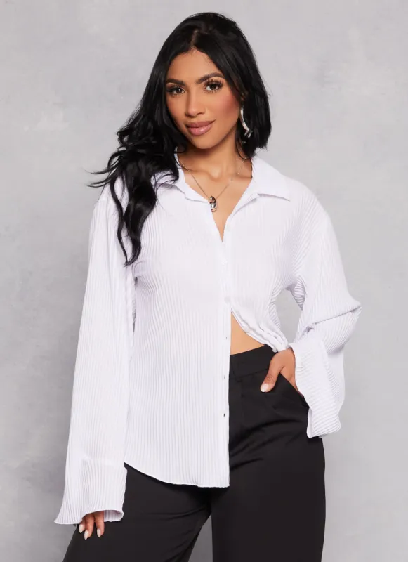 Plisse Button Front Bell Sleeve Shirt made by Rainbow