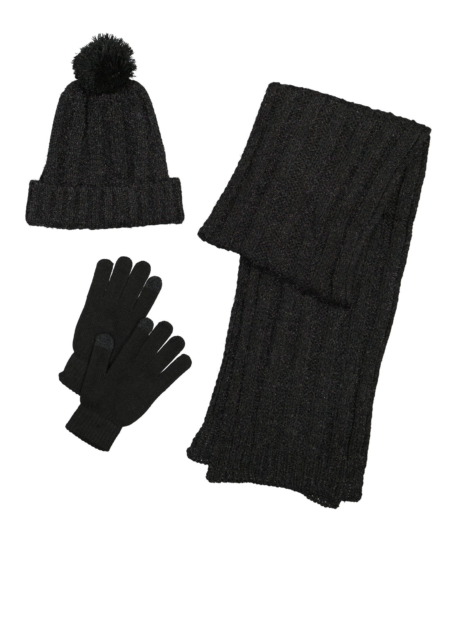 Ribbed Knit Scarf with Pom Pom Beanie and Gloves sold by Rainbow