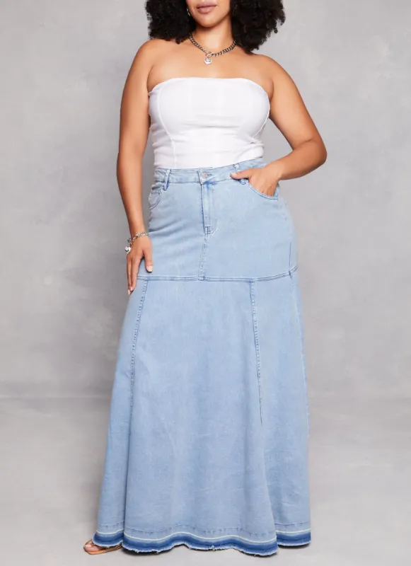 Plus Size Denim Frayed Hem Maxi Skirt sold by Rainbow