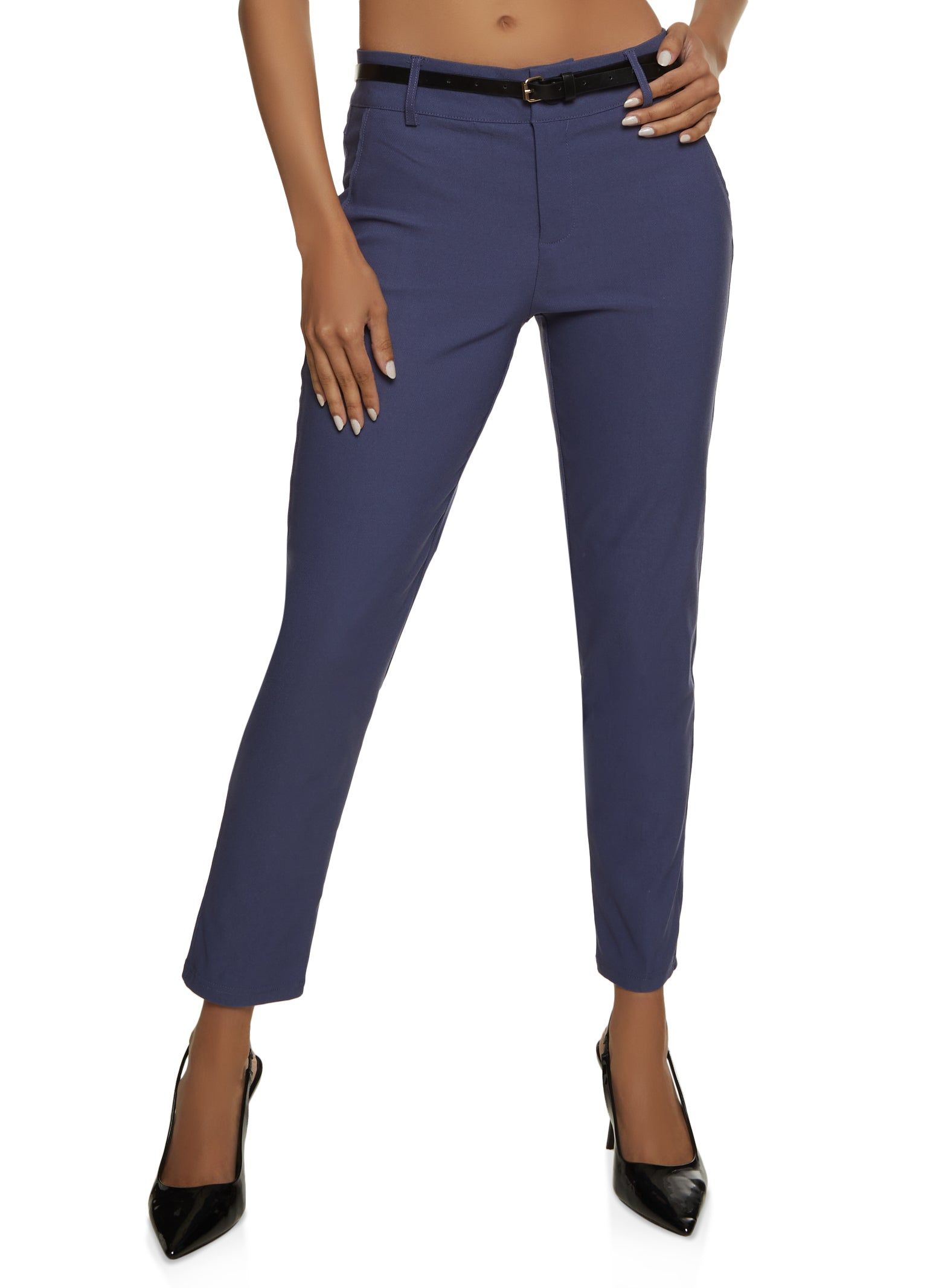 Solid Belted Skinny Leg Dress Pants sold by Rainbow