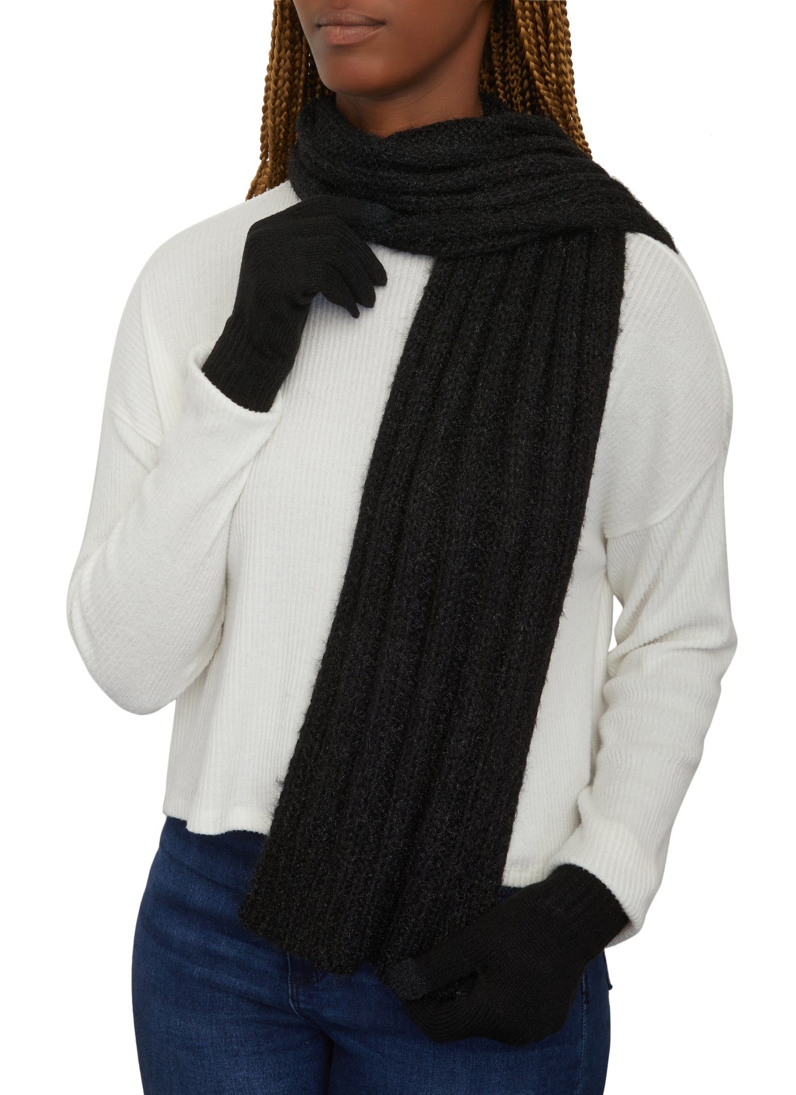 Ribbed Knit Scarf with Pom Pom Beanie and Gloves sold by Rainbow product image thumbnail 3