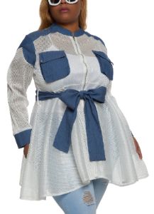 Plus Size Denim Insert Shadow Stripe Mesh Jacket sold by Rainbow