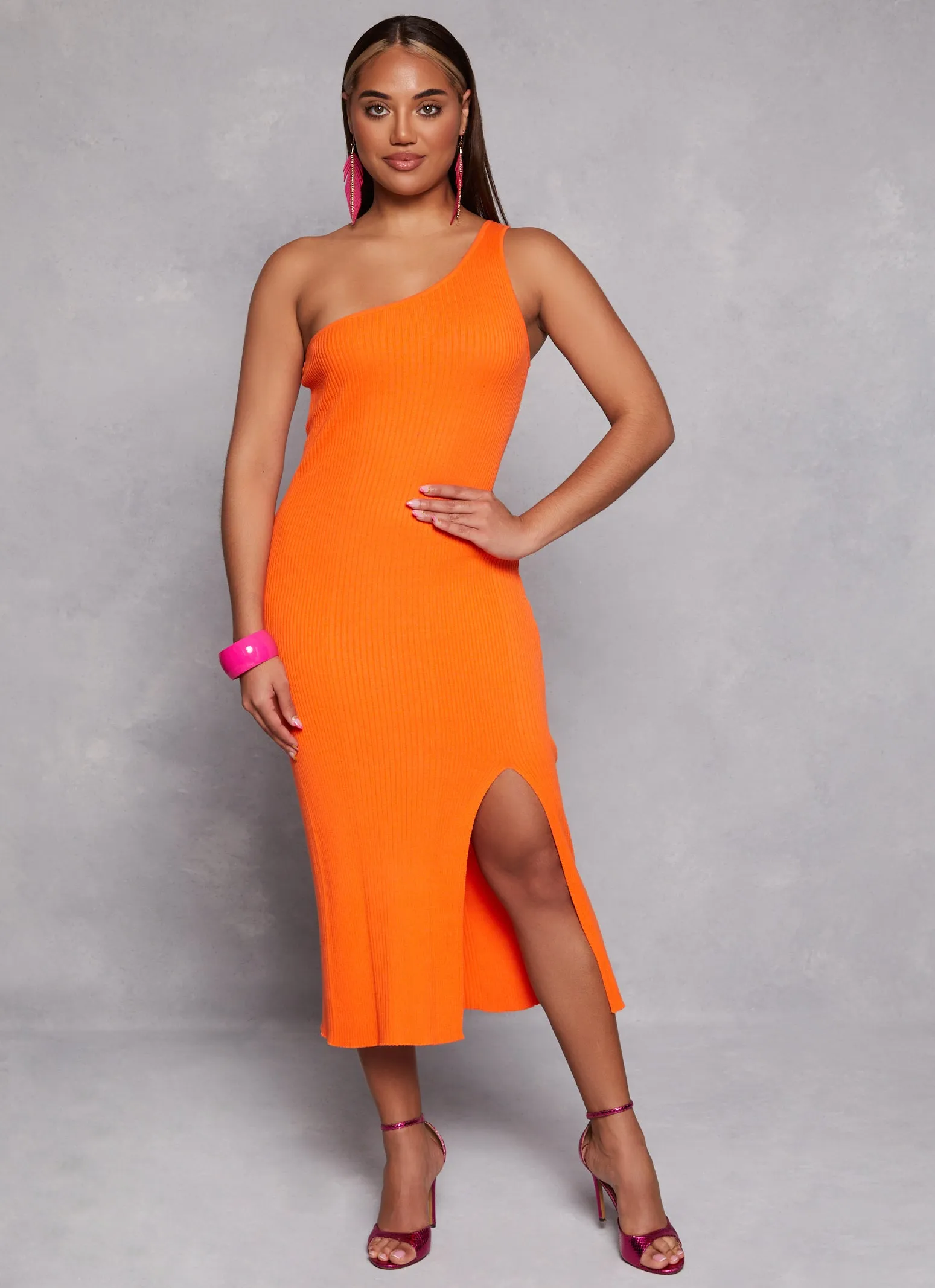 Rib Knit One Shoulder Midi Dress sold by Rainbow