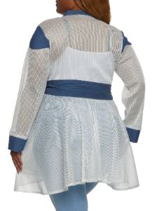 Plus Size Denim Insert Shadow Stripe Mesh Jacket sold by Rainbow