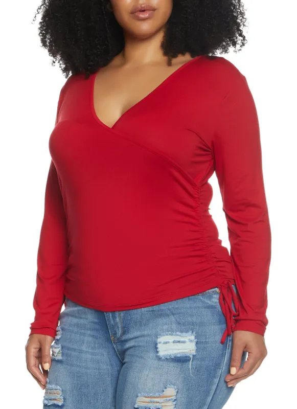 Plus Size Faux Wrap Ruched Top sold by Rainbow