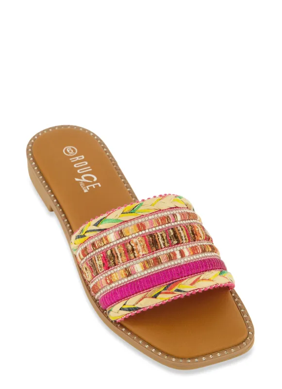 Studded Trim Rhinestone Braided Band Slide Sandals sold by Rainbow