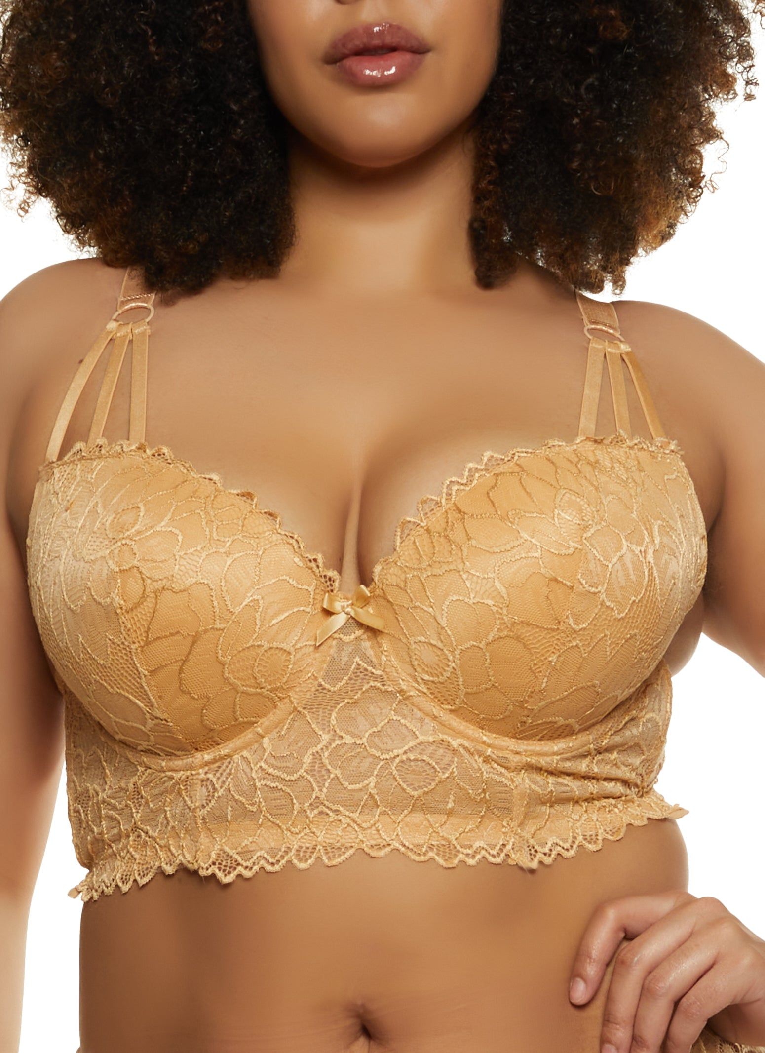 Plus Size Lace Caged Detail Longline Plunge Bra sold by Rainbow
