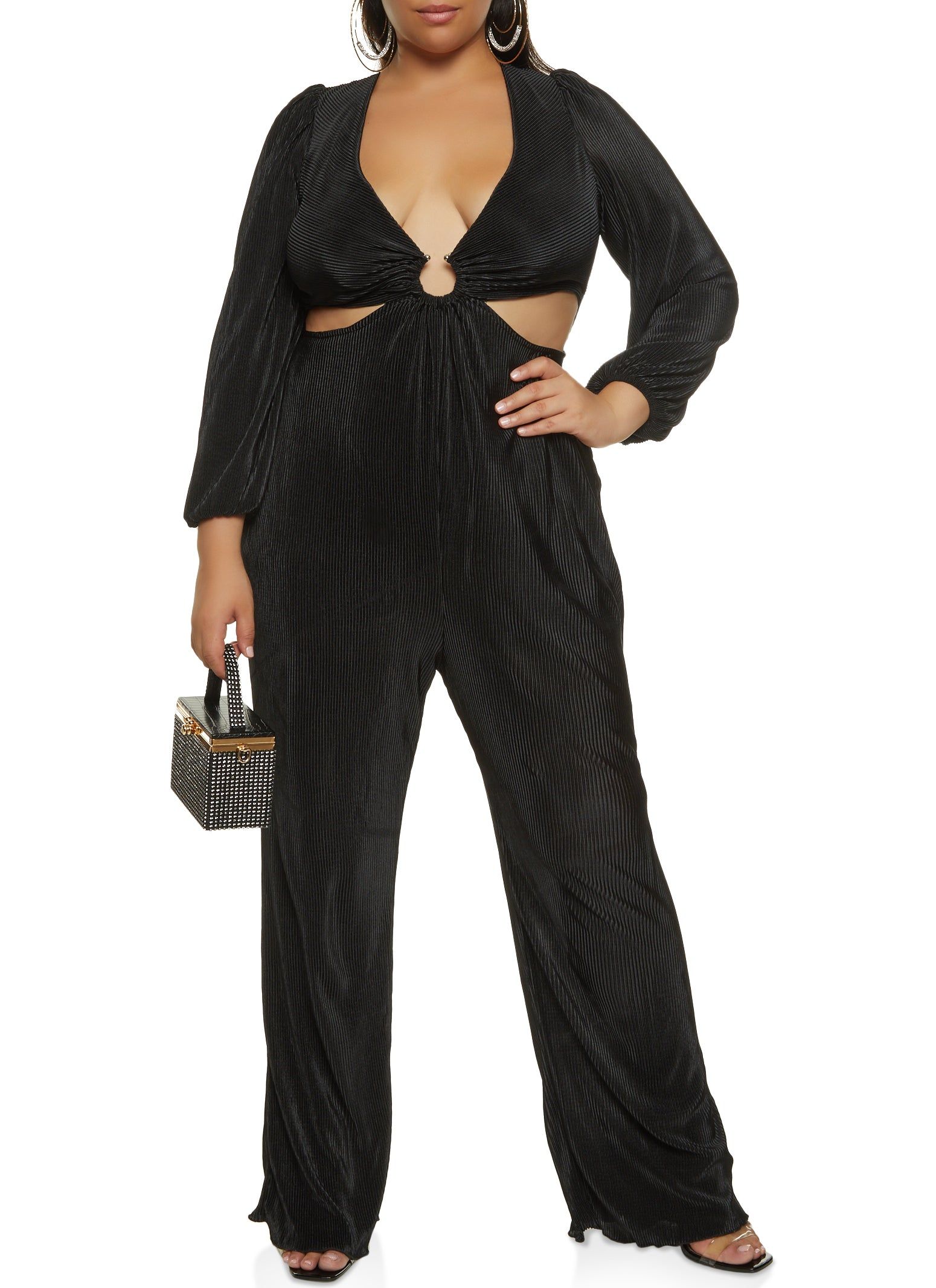 Plus Size Plisse Cut Out Plunge Jumpsuit sold by Rainbow