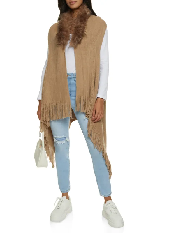 Faux Fur Collar Fringe Knit Vest sold by Rainbow
