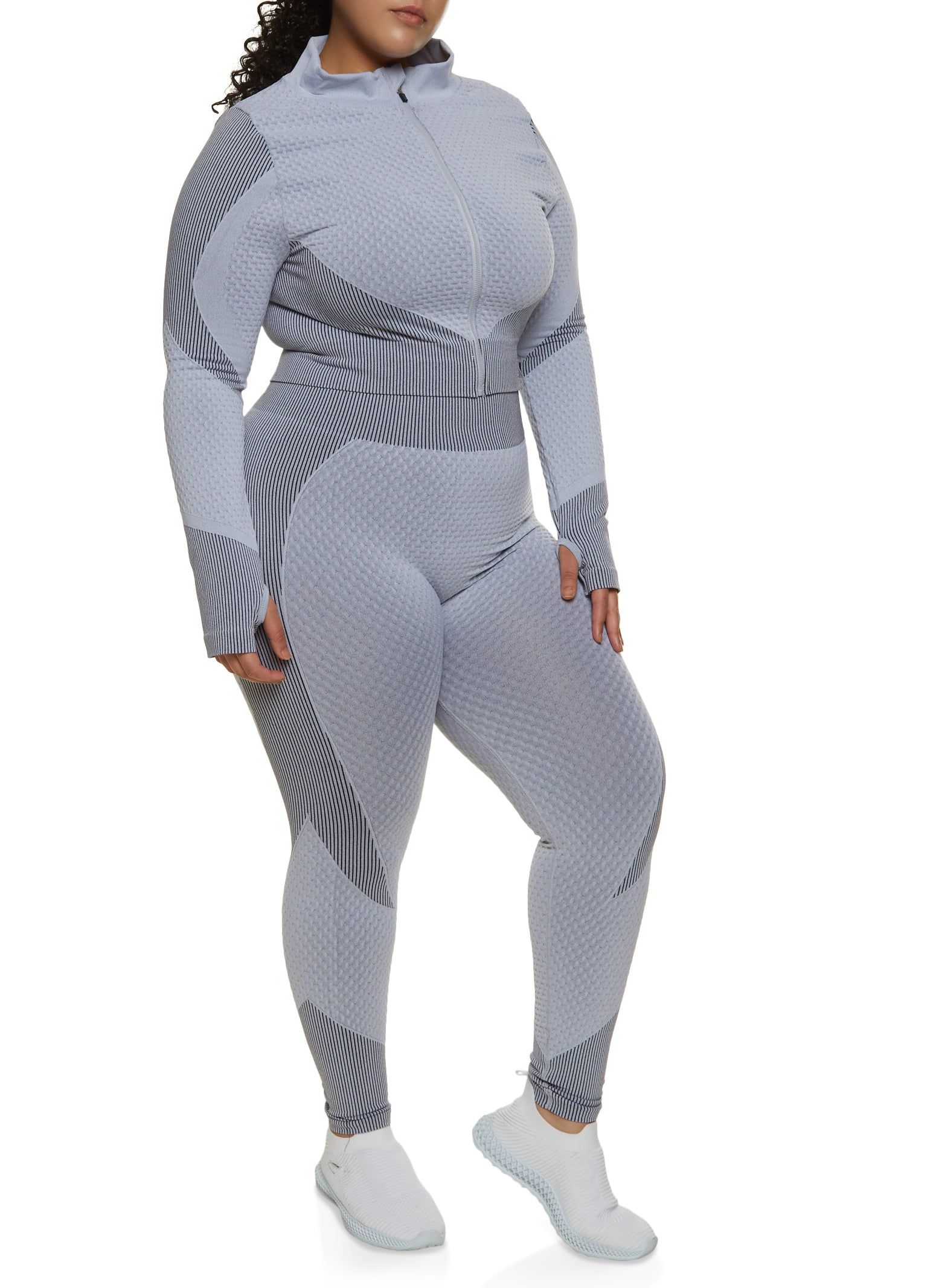 Plus Size Seamless Striped Detail Waffle Knit Track Jacket sold by Rainbow product image thumbnail 2