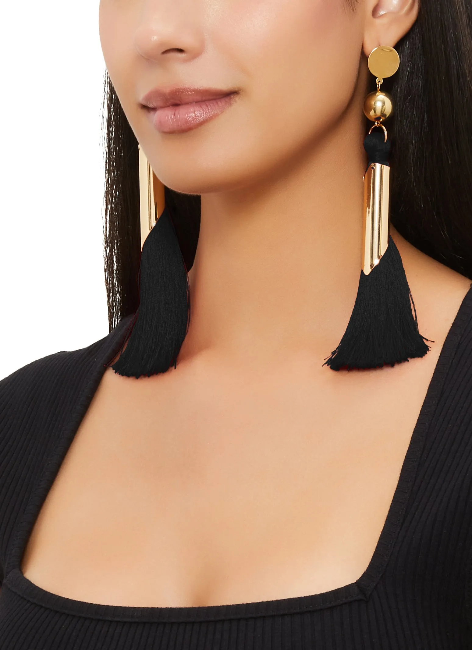 Metallic Tube Tassle Earrings sold by Rainbow