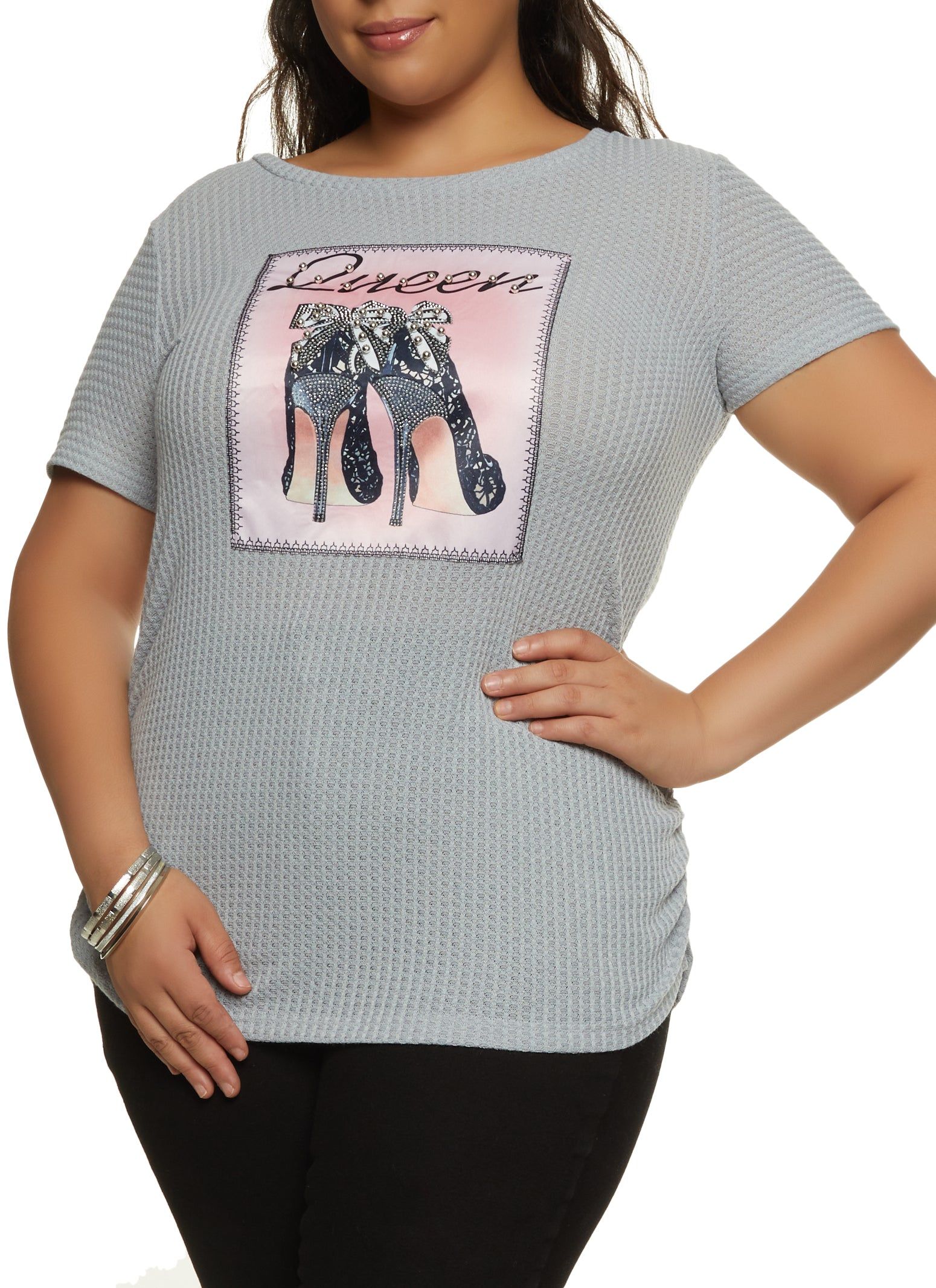 Plus Size Rhinestone Queen Patch Graphic Tee sold by Rainbow