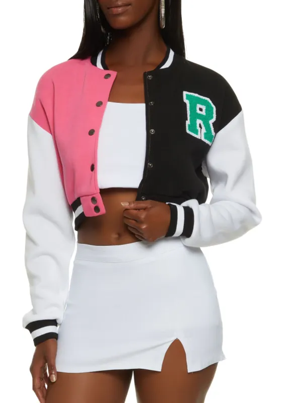 Color Blocked Cropped Letterman Jacket sold by Rainbow