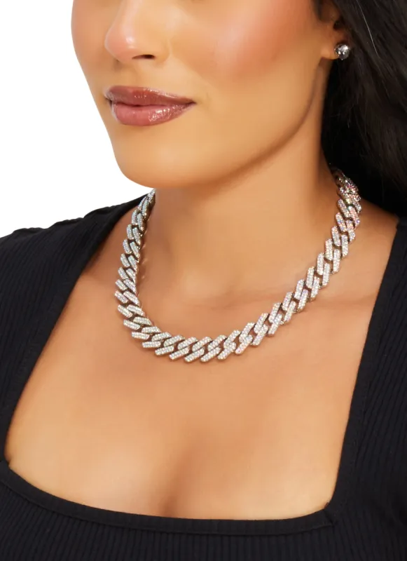 Cubic Zirconia Cuban Link Chain Necklace and Stud Earrings sold by Rainbow