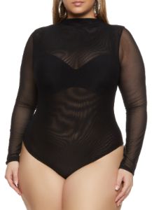 Plus Size Mesh High Neck Long Sleeve Bodysuit sold by Rainbow