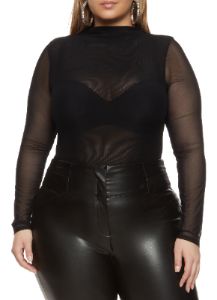 Plus Size Mesh High Neck Long Sleeve Bodysuit sold by Rainbow