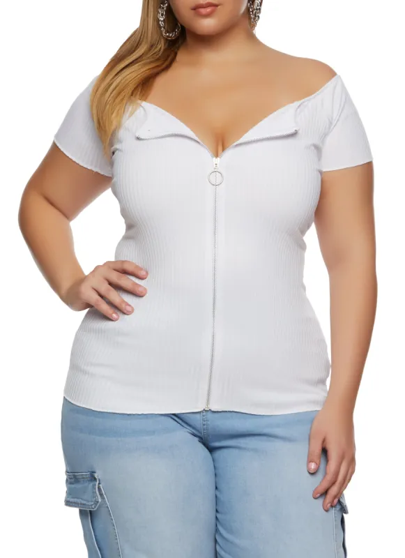 Plus Size Ribbed Zip Front Off the Shoulder Top sold by Rainbow