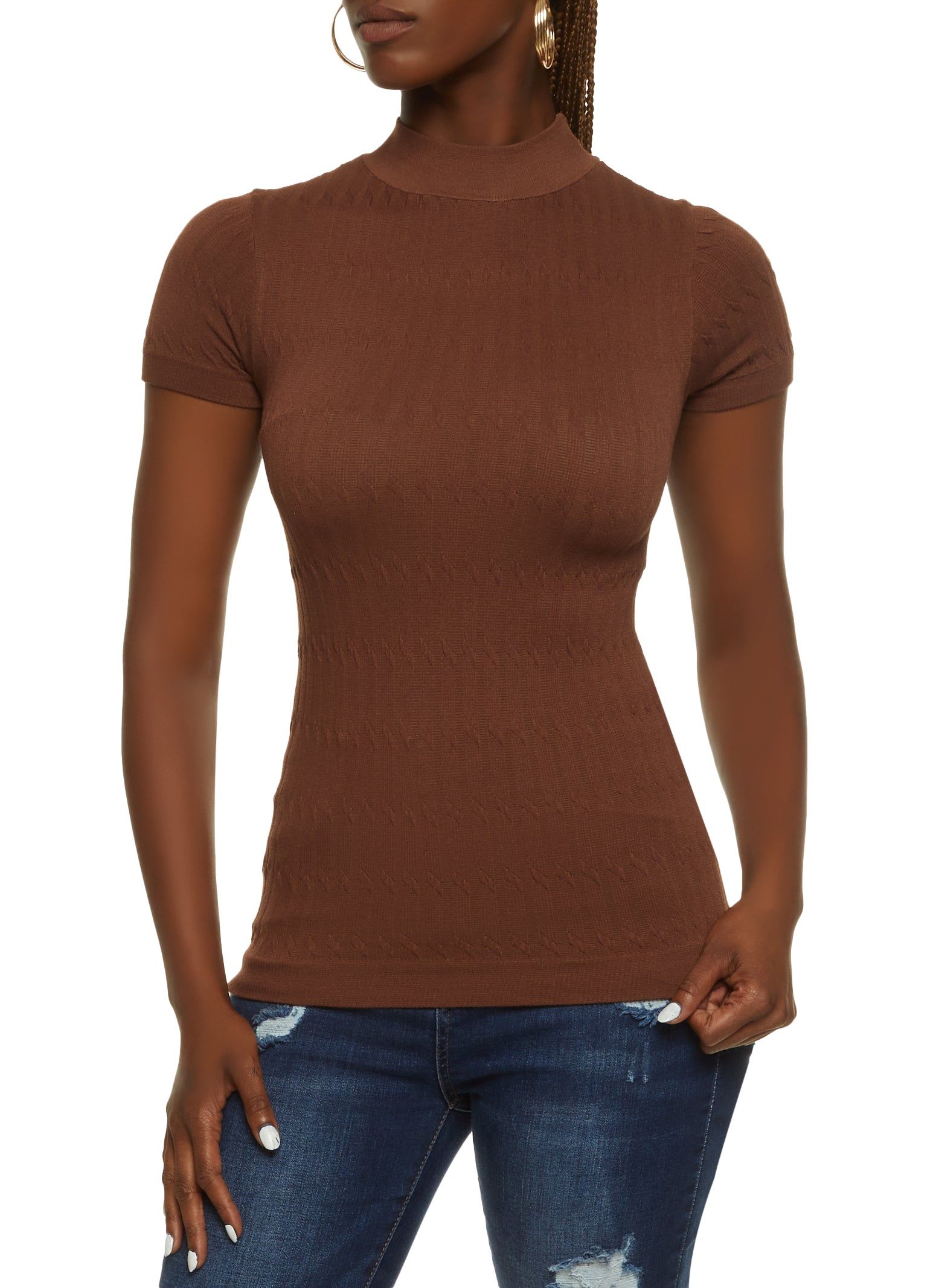 Seamless Cable Knit Mock Neck Short Sleeve Top sold by Rainbow