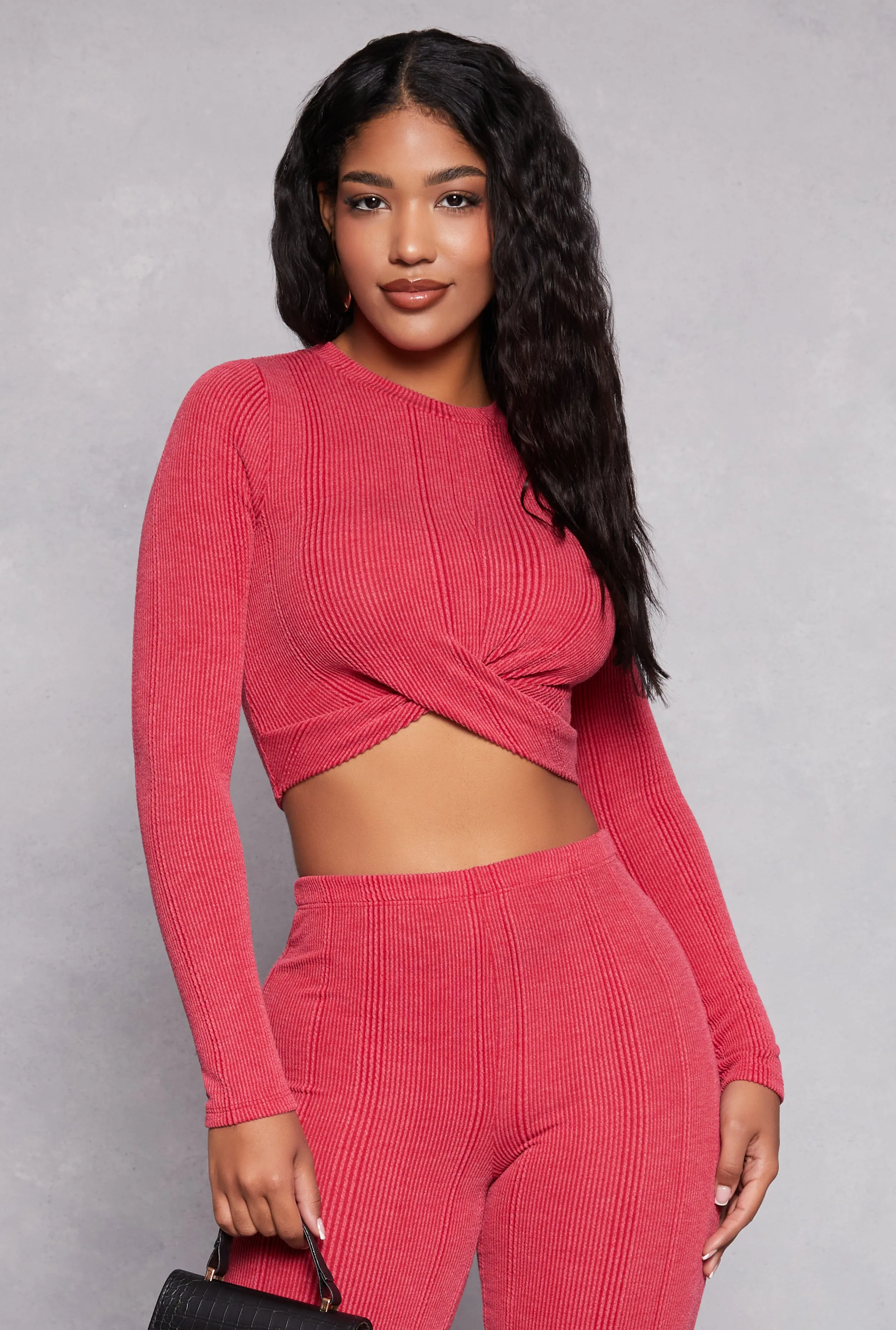 Ribbed Knit Twist Front Long Sleeve Crop Top sold by Rainbow
