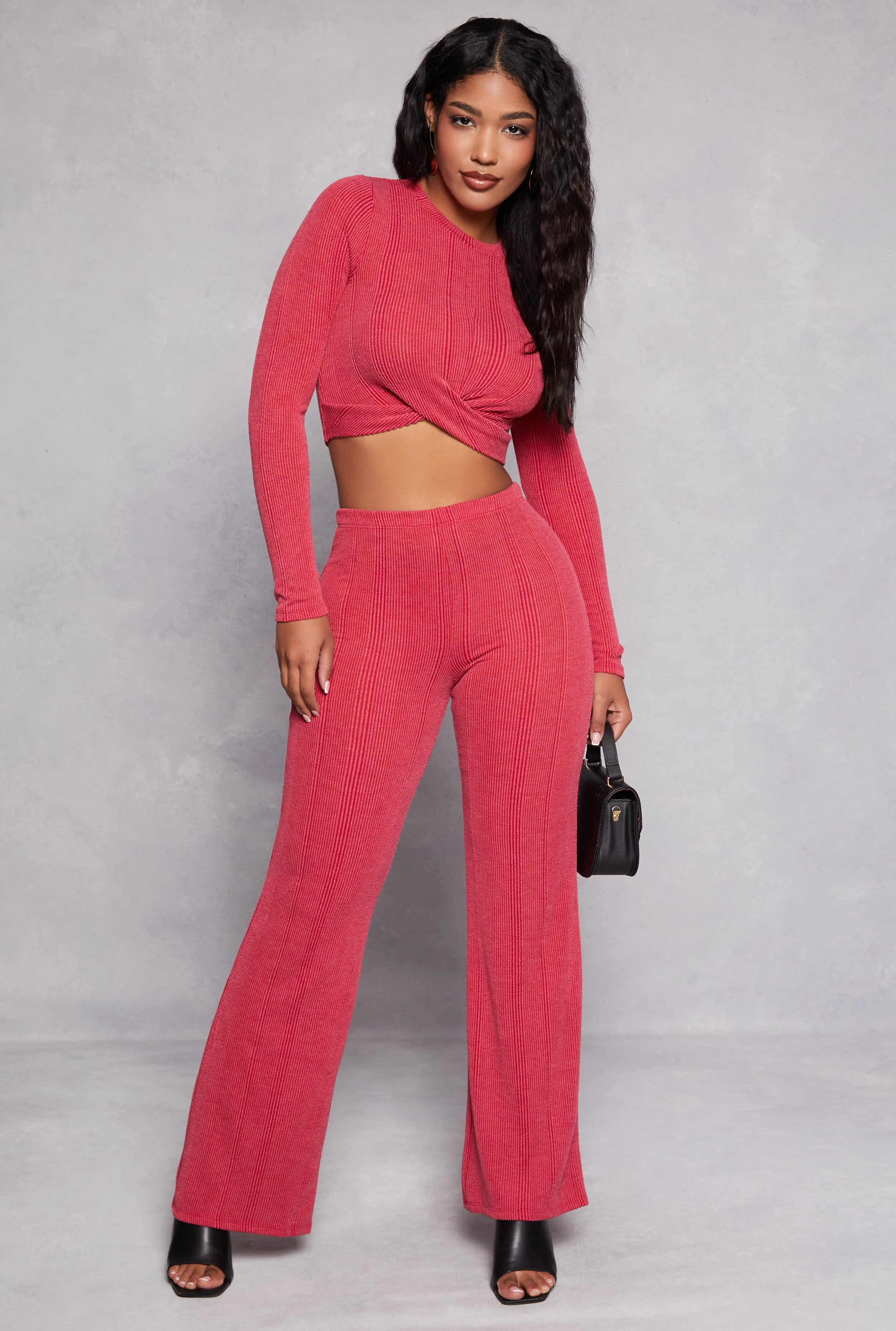 Ribbed Knit Twist Front Long Sleeve Crop Top sold by Rainbow product image thumbnail 2
