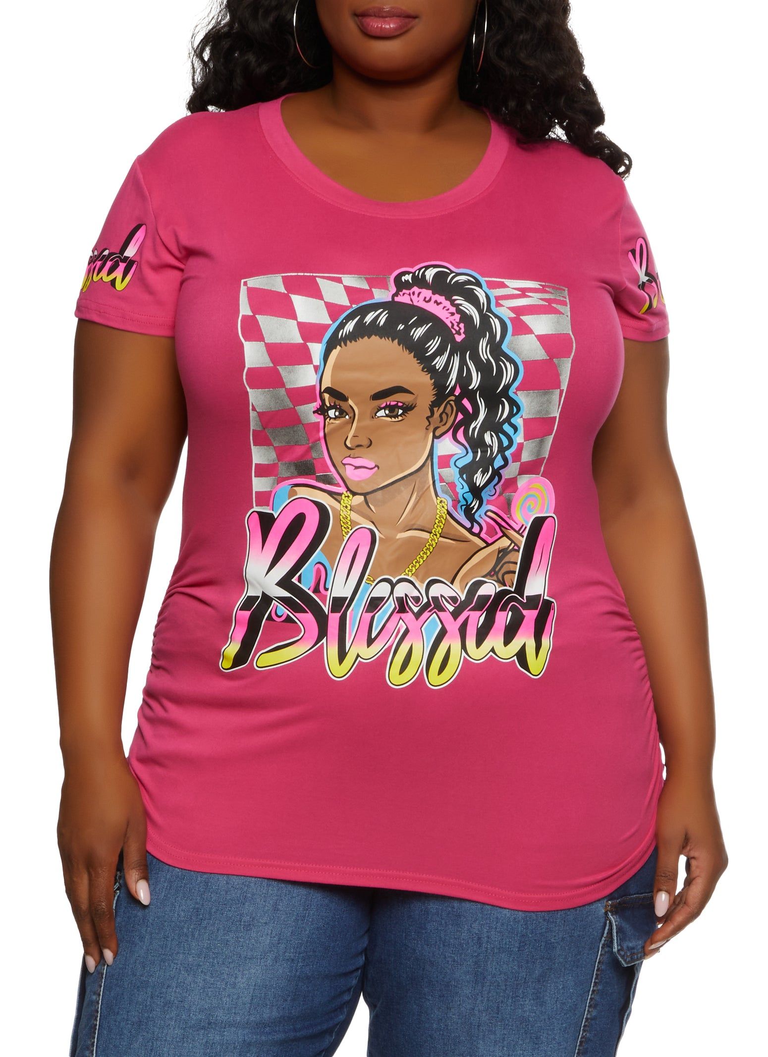 Plus Size Blessed Checkered Graphic Tee sold by Rainbow