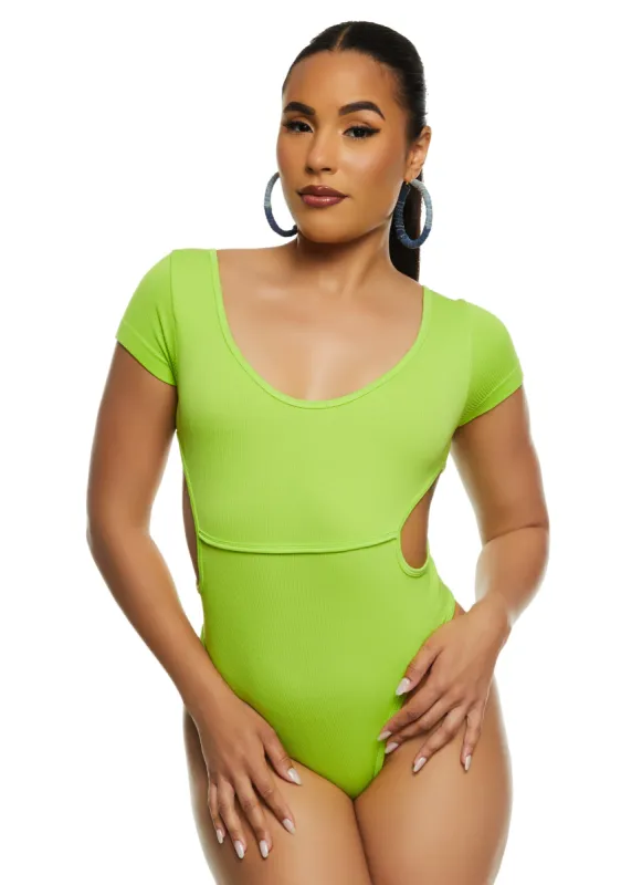 Ribbed Knit Short Sleeve Side Cut Out Bodysuit sold by Rainbow