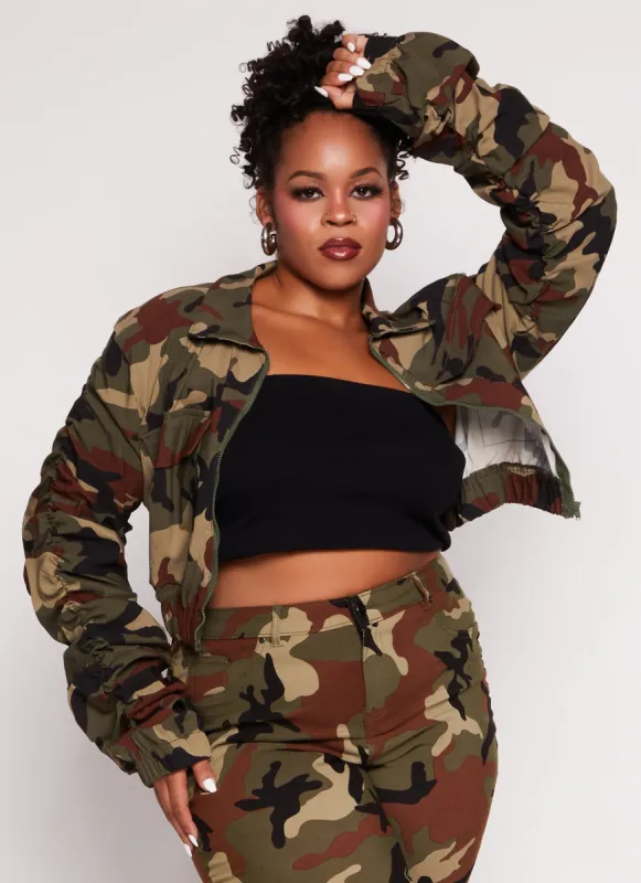 Plus Size Camouflage Ruched Sleeve Cargo Jacket sold by Rainbow