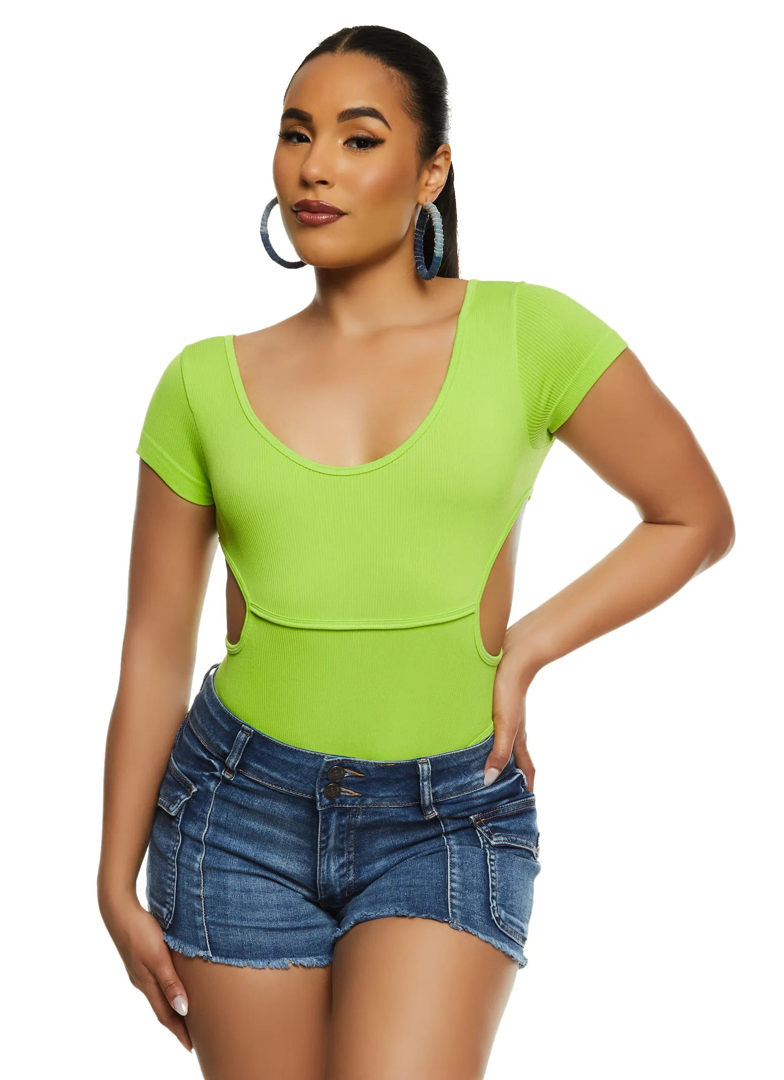 Ribbed Knit Short Sleeve Side Cut Out Bodysuit sold by Rainbow product image thumbnail 2