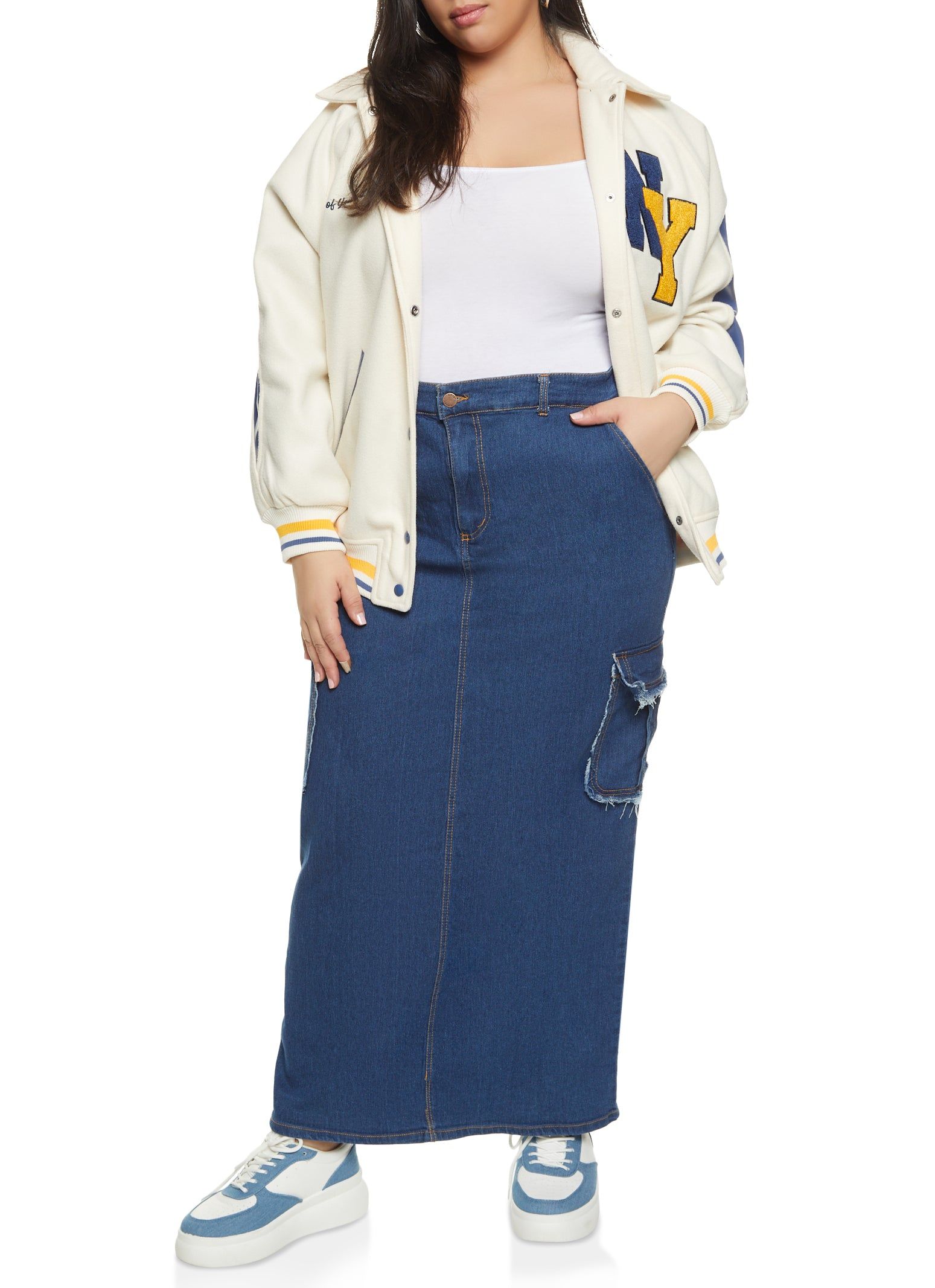 Plus Size Denim Frayed Trim Cargo Pocket Maxi Skirt sold by Rainbow product image thumbnail 2