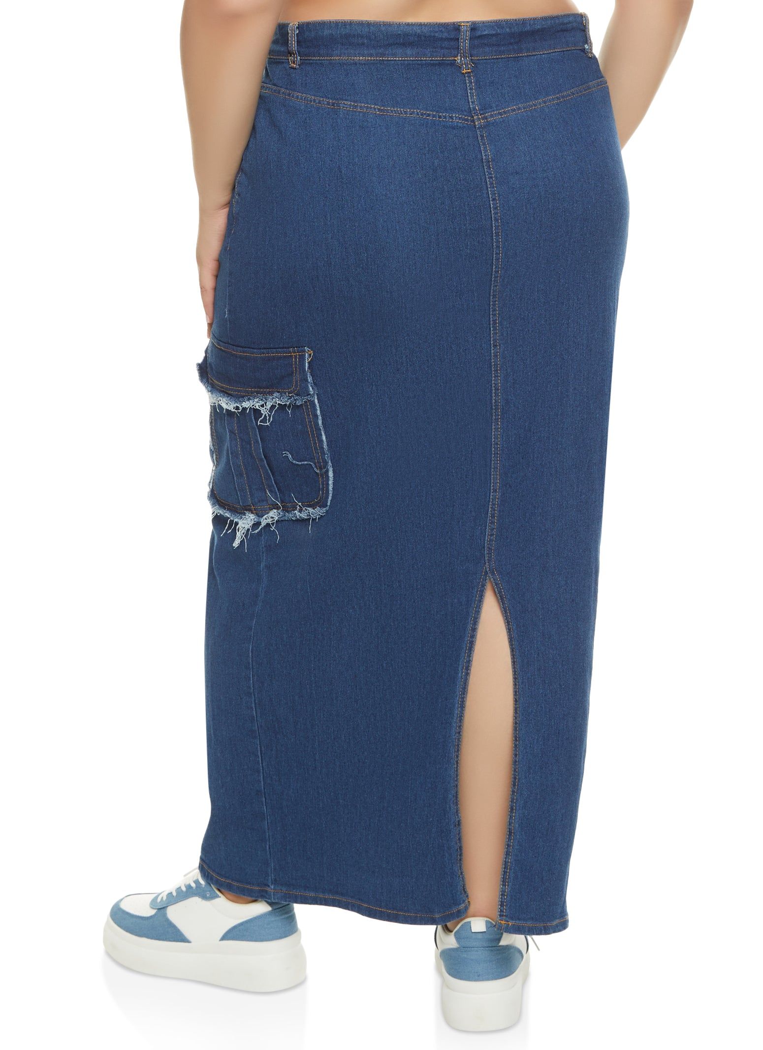 Plus Size Denim Frayed Trim Cargo Pocket Maxi Skirt sold by Rainbow product image thumbnail 3
