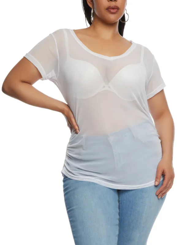 Plus Size Mesh Ruched V Neck Top sold by Rainbow