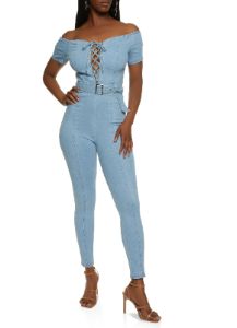 Off the Shoulder Denim Lace Up Jumpsuit sold by Rainbow