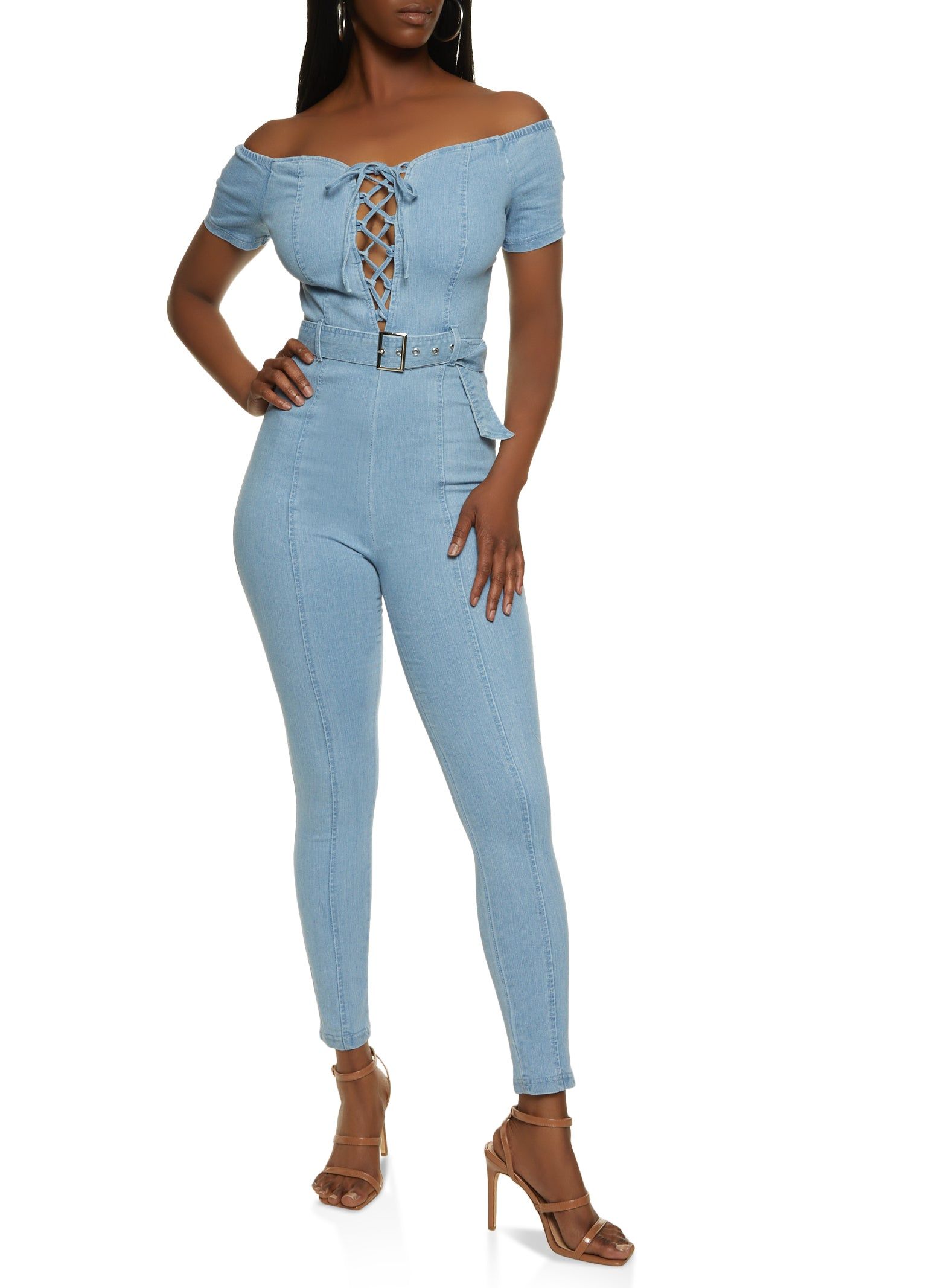 Off the Shoulder Denim Lace Up Jumpsuit sold by Rainbow product image thumbnail 2