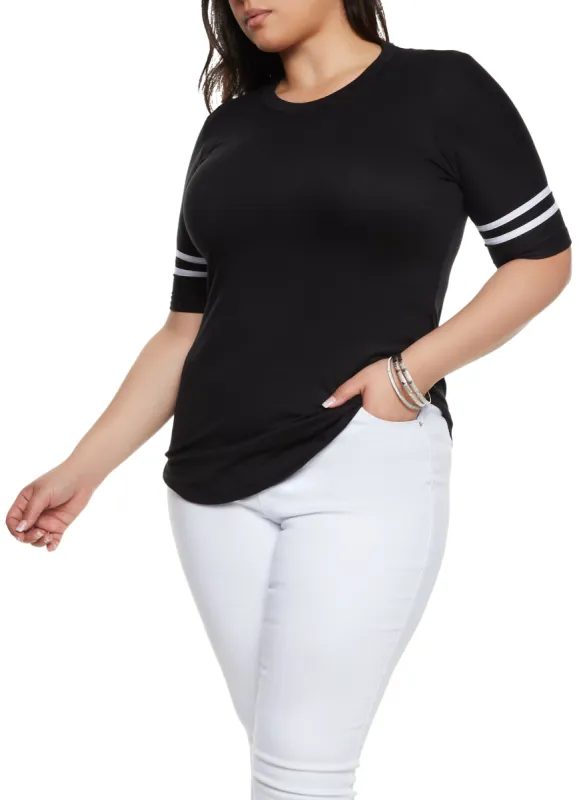 Plus Size Varsity Striped Sleeve T Shirt sold by Rainbow