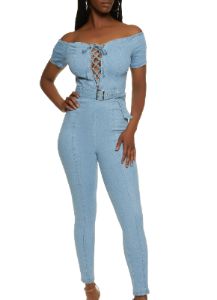 Off the Shoulder Denim Lace Up Jumpsuit sold by Rainbow