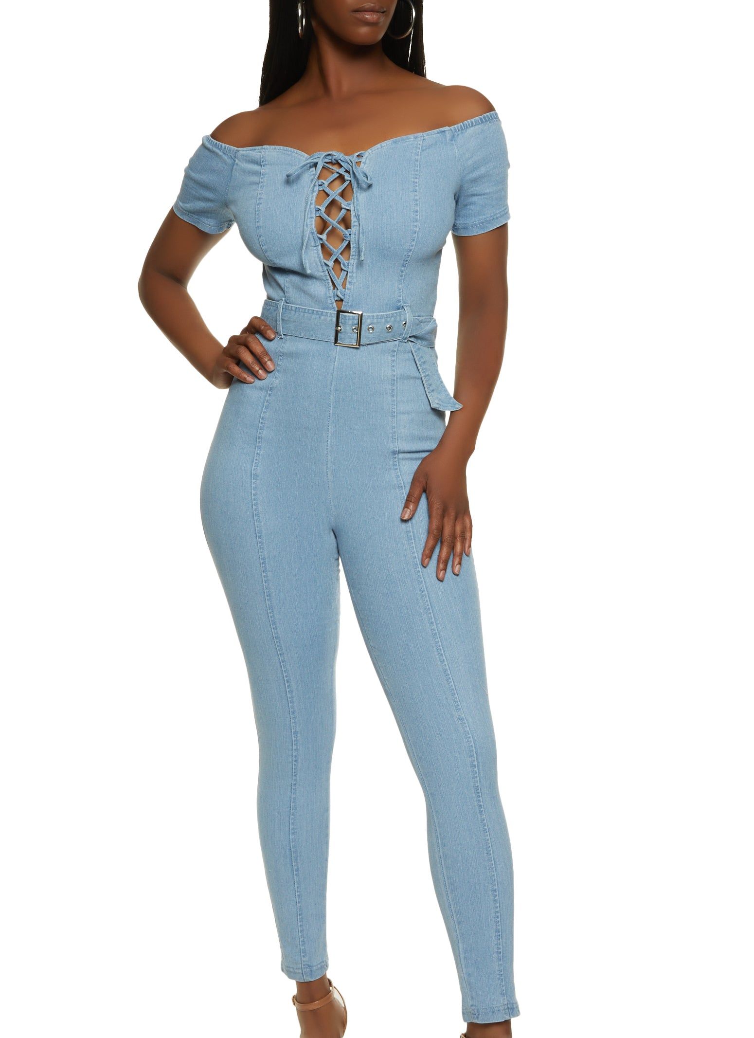 Off the Shoulder Denim Lace Up Jumpsuit sold by Rainbow