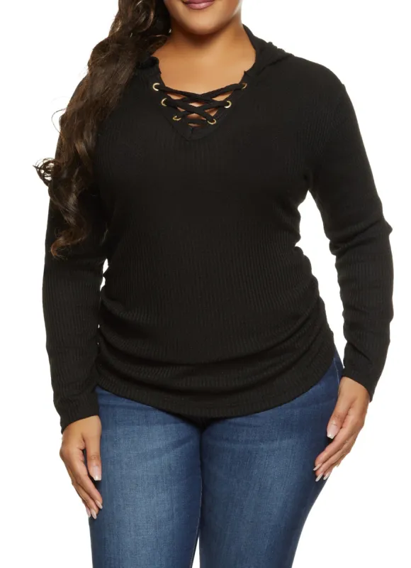 Plus Size Waffle Knit Hooded Top sold by Rainbow