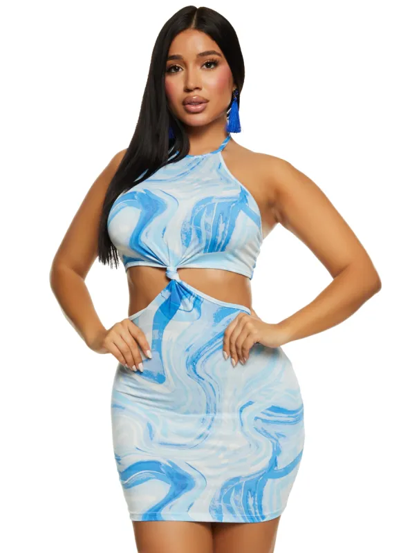 Printed Knot Front Cut Out Halter Dress sold by Rainbow
