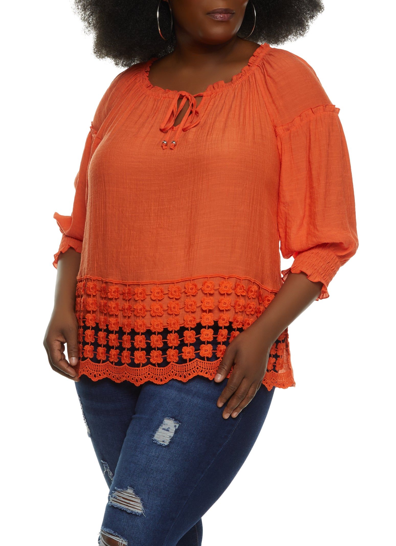 Plus Size Crochet Detail Tie Front Peasant Top sold by Rainbow