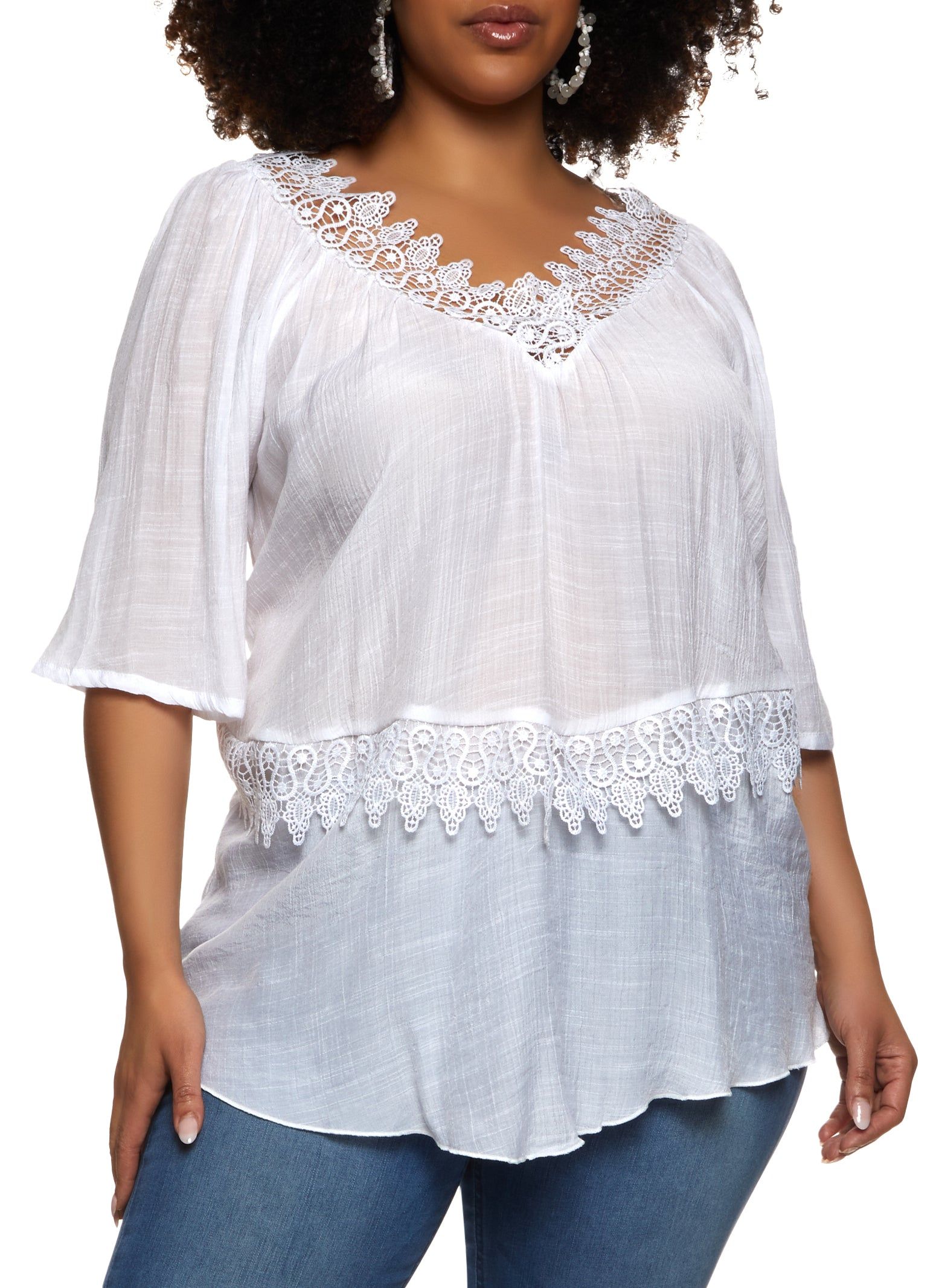 Plus Size Gauze Knit Crochet Lace Trim Blouse sold by Rainbow