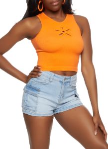 Ribbed Flower Cut Out Cropped Tank Top sold by Rainbow