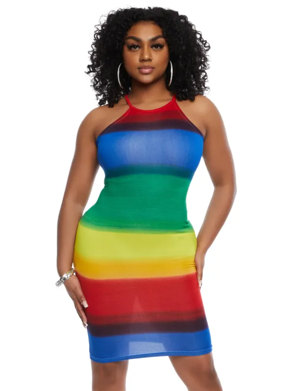 Rainbow Striped High Neck Midi Dress sold by Rainbow
