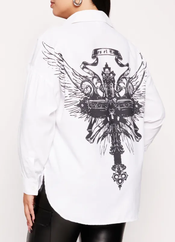 Plus Size Cross Back Graphic Button Front Shirt sold by Rainbow