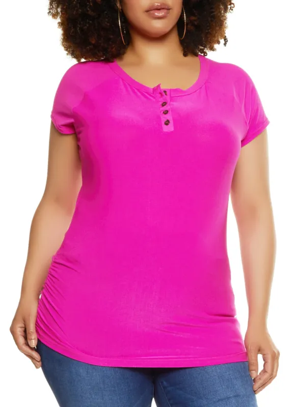 Plus Size Ruched Side Henley Top sold by Rainbow