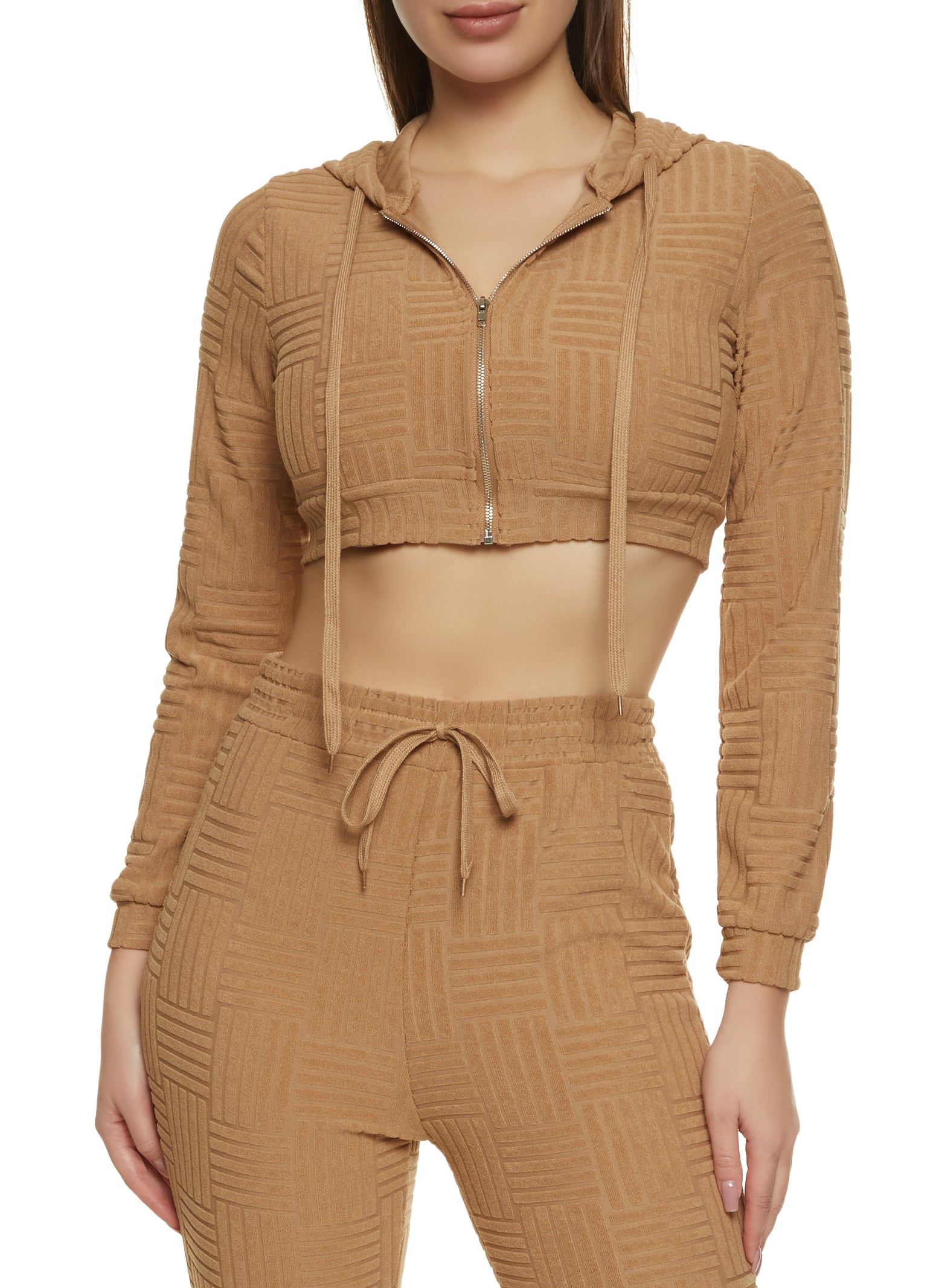 Terry Cloth Zip Front Cropped Hoodie sold by Rainbow